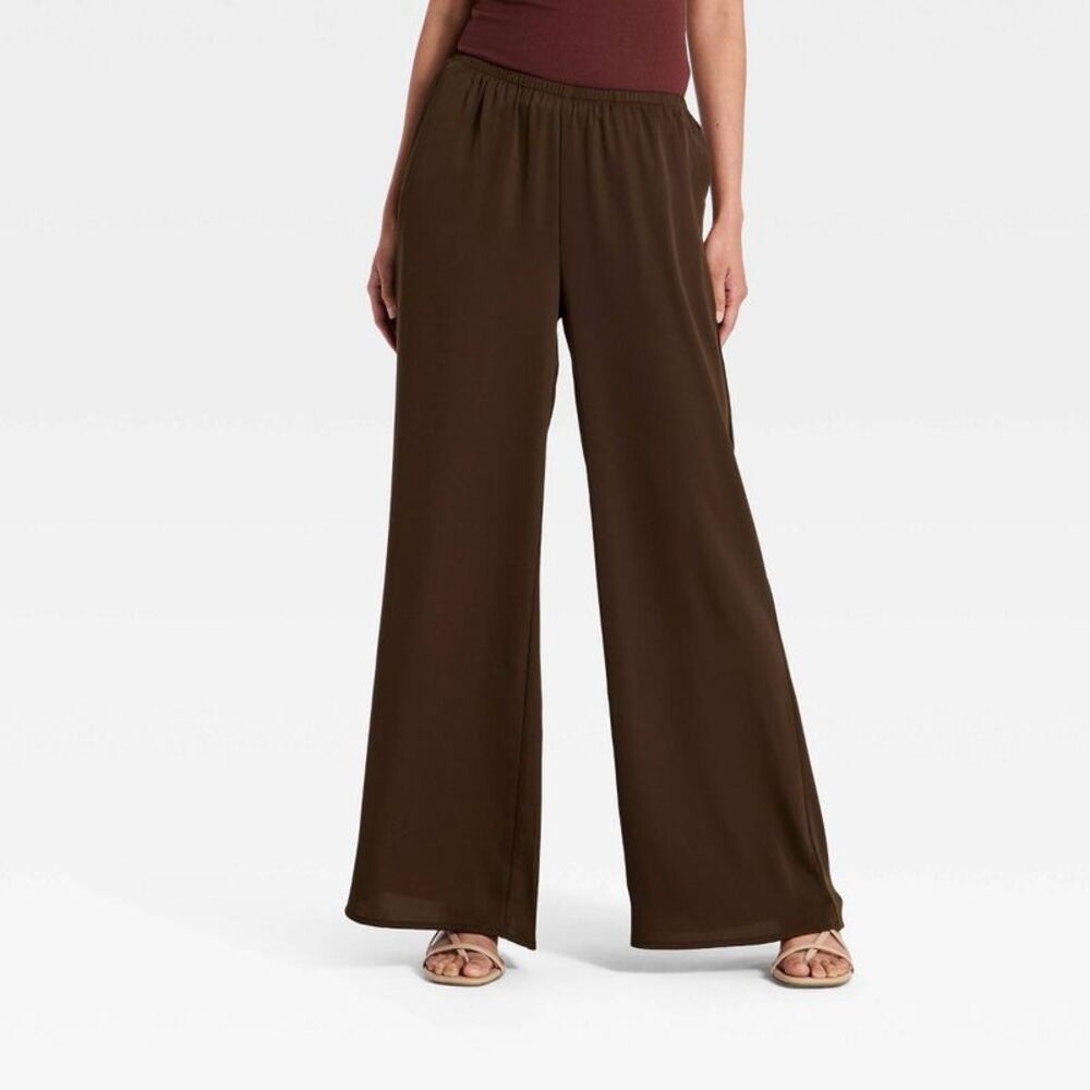 Women's Modern Wide Leg Pull-On Pants - A New Day Brown M